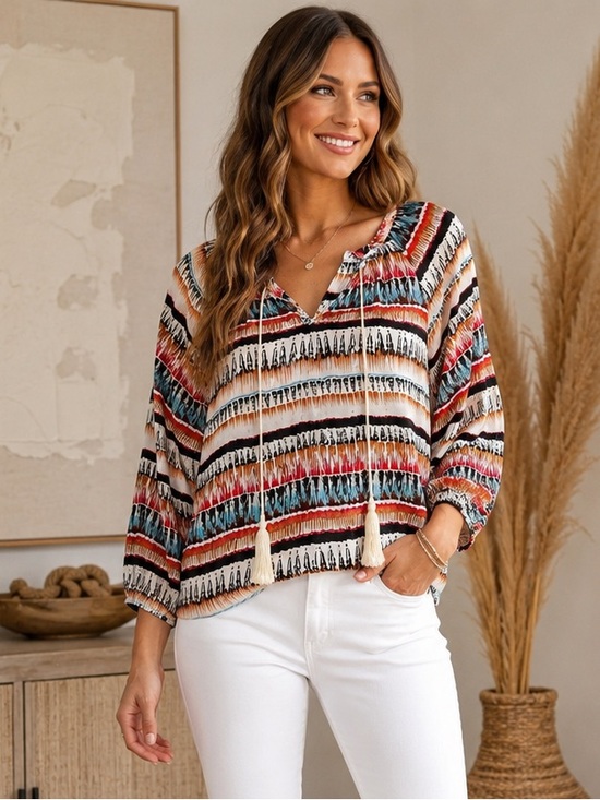 Suit Studio Tops - Boho Aztec Stripe Tassel Peasant Tunic Top Festival Coastal Cowgirl